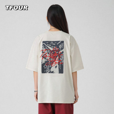 TFOUR 八芒星夏季2025新款刺绣潮牌短袖宽松男女同款T恤美式情侣