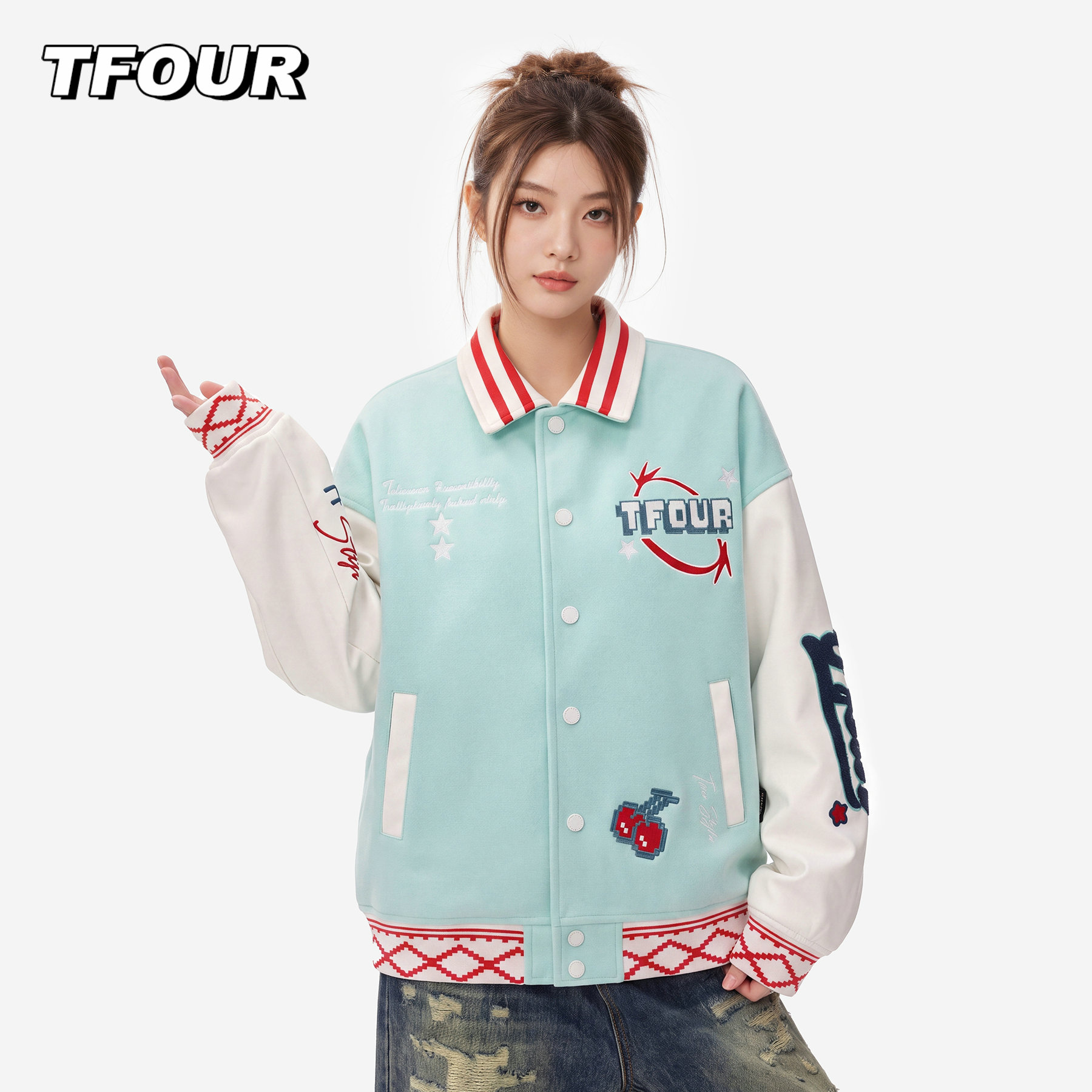 TFOUR 八芒星刺绣棒球服男2026新款潮牌重磅撞色pu皮衣拼接外套女