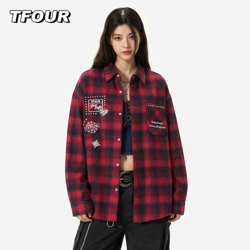 tfour潮流纯棉钉珠格子长袖衬衫