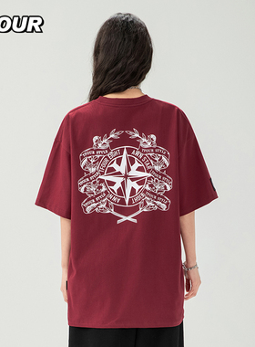 TFOUR  2025夏季新款八芒星印花短袖T恤宽松休闲美式男女同款上衣