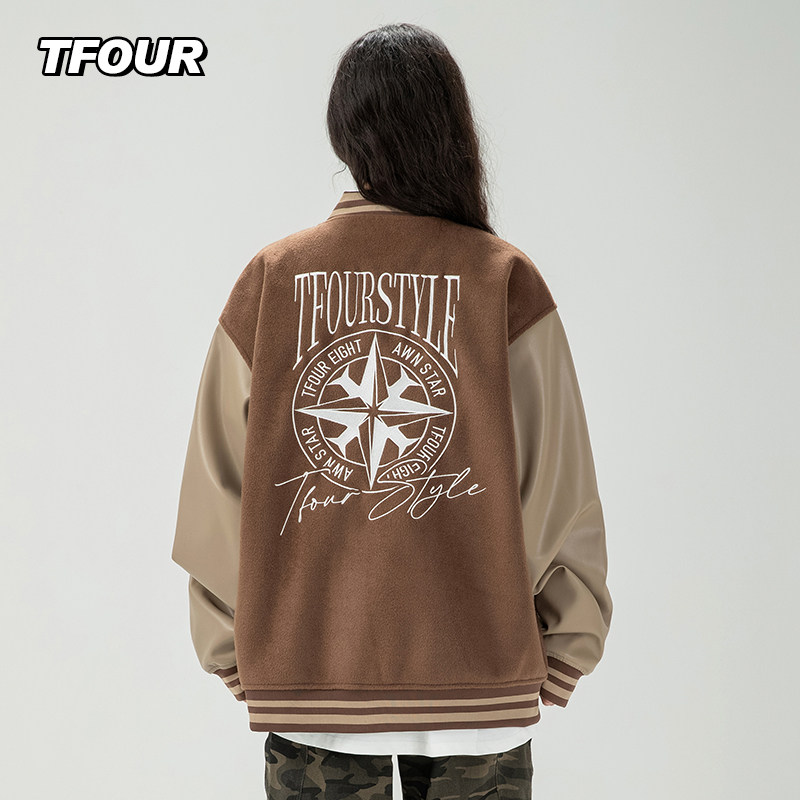 tfour秋冬季宽松刺绣棒球服男
