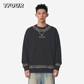 圆领宽松休闲长袖 TFOUR 复古费尔岛刺绣国潮情侣卫衣男ins春秋季