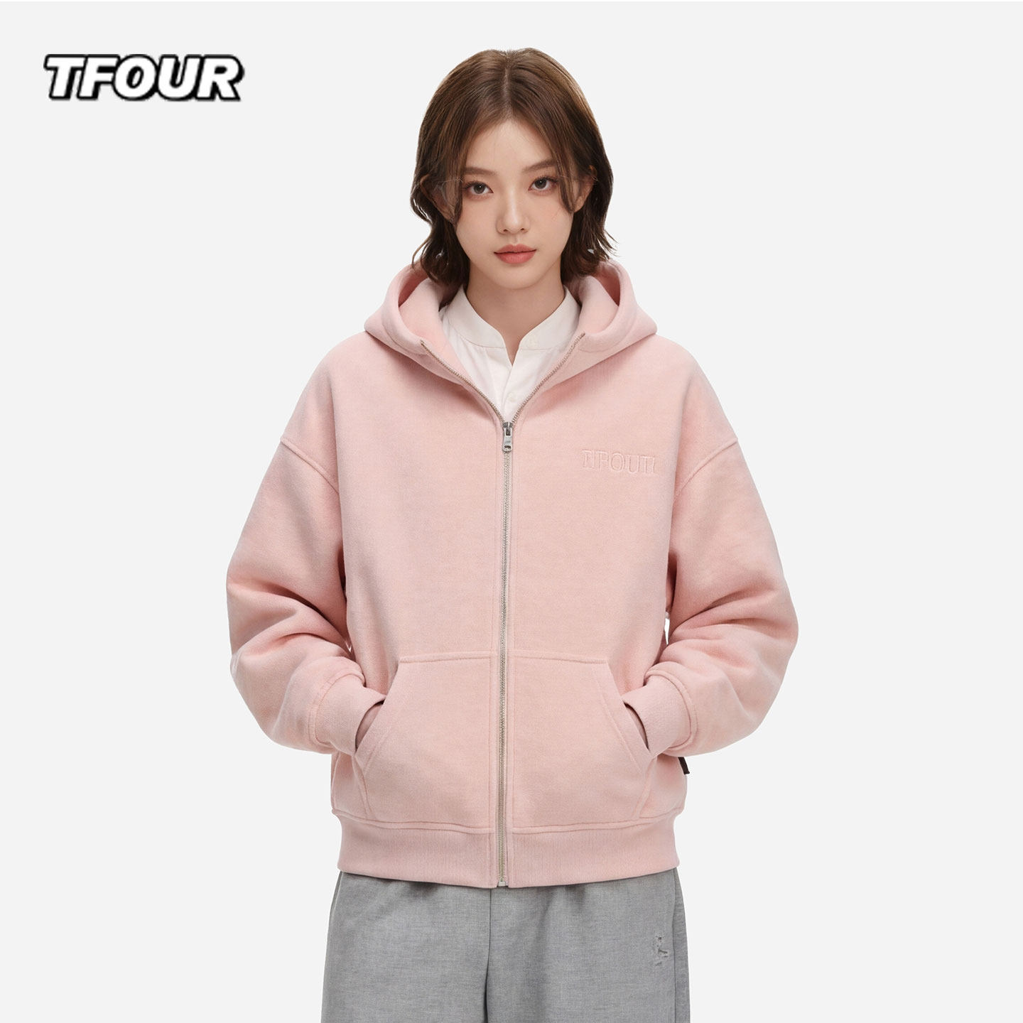 TFOUR 连帽开衫卫衣男女装2025秋冬新款情侣潮牌粉色加绒厚款外套,男装,卫衣,淘宝优惠券,粉丝福利购,淘宝优惠卷