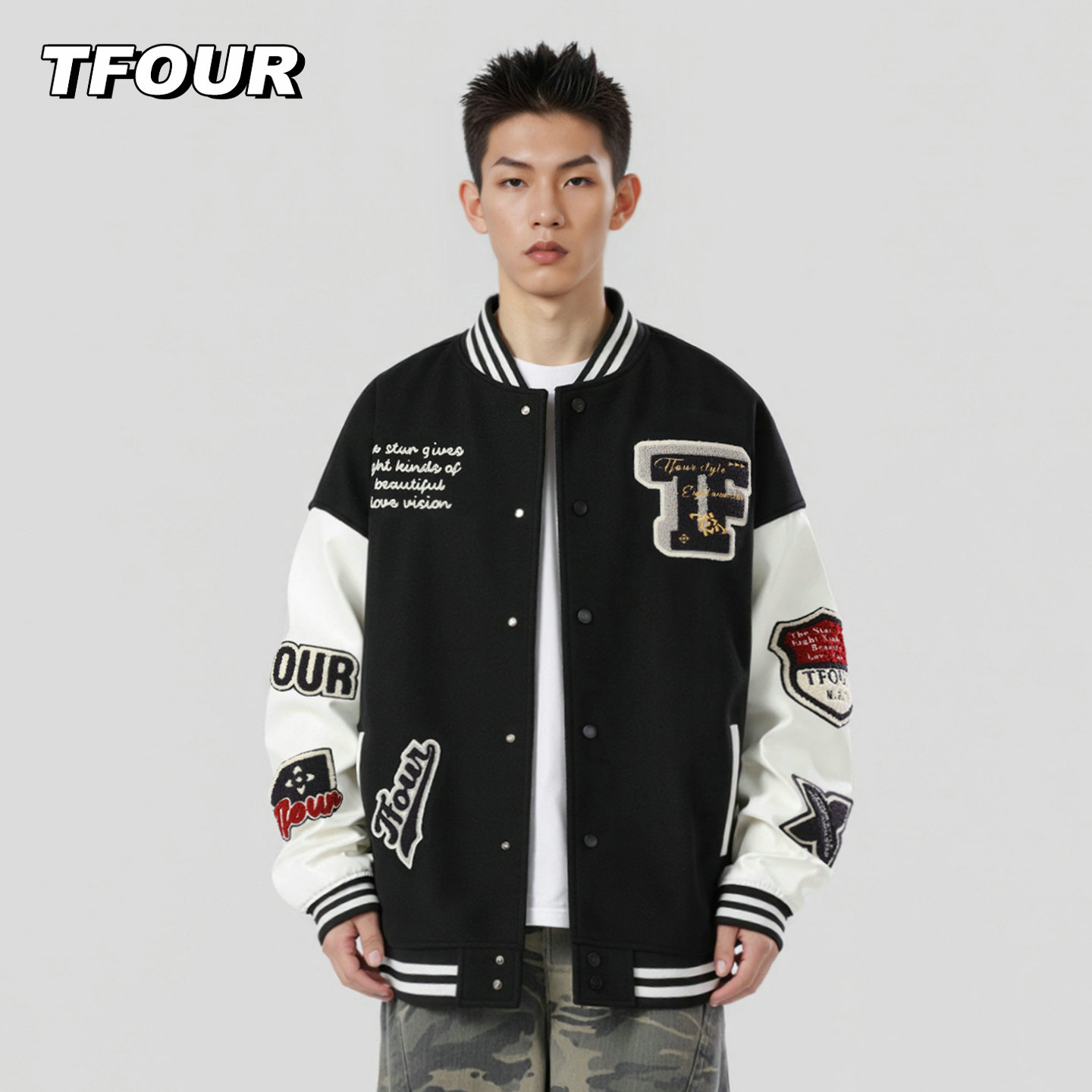 tfour毛呢棒球领羽绒服男女潮牌