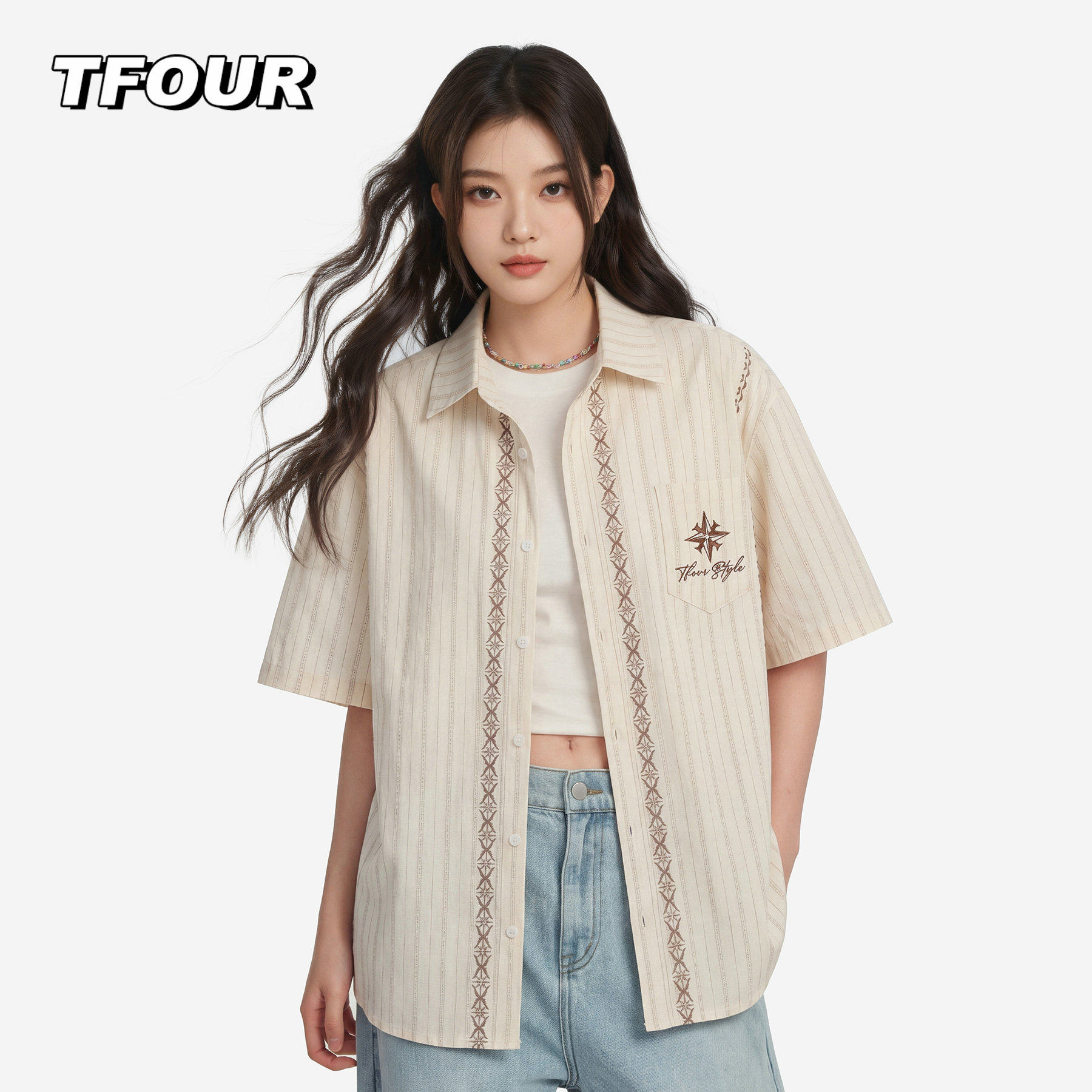 TFOUR条纹纯棉短袖衬衫男女夏季潮牌宽松翻领带口袋刺绣半袖衬衣