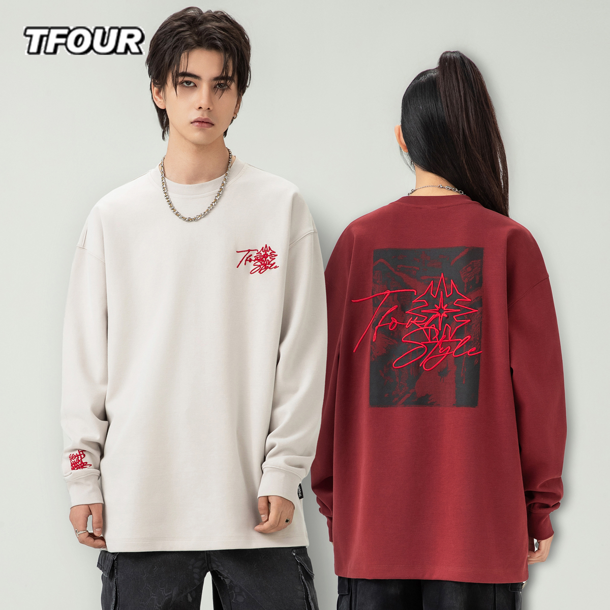 TFOUR圆领刺绣设计感美式休闲