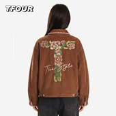 TFOUR 夹克 灯芯绒翻领外套复古气质甜美贝壳绣女装 2026春季 新短款