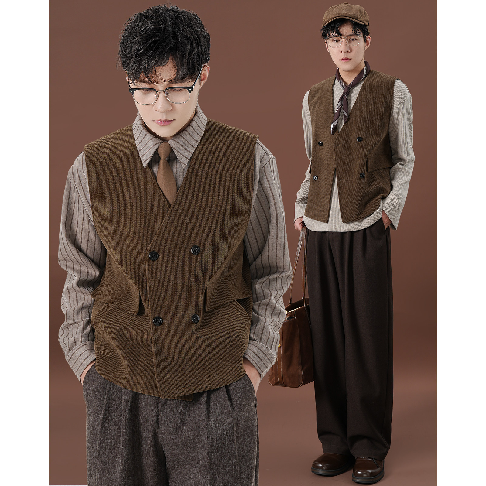 二八先生复古灯芯绒双排扣马甲老钱风男士春秋季V领内搭无袖坎肩,男装,常规马甲,淘宝优惠券,粉丝福利购,淘宝优惠卷