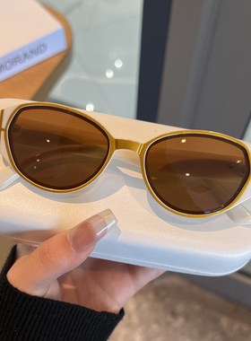 猫眼形状遮阳简约猫眼太阳镜男女通用白色镜框高级感墨镜复古茶