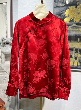 蓝大原创女装新中式喜宴回门红色麒麟滚绣球长袖桑蚕丝上衣7423