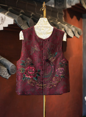 蓝大原创女装喜庆回门红色单排扣圆领真丝香云纱重工刺绣马甲5838