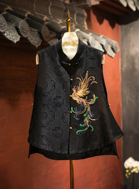 蓝大原创女装凤凰钉珠刺绣单排扣立领黑色桑蚕丝宋锦国潮马甲5603