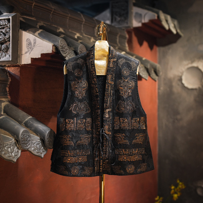 蓝大系带开衫中国风刺绣加绒马甲