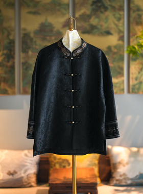蓝大原创女装高级感黑色立领刺绣单排扣大码桑蚕丝宋锦外套5351
