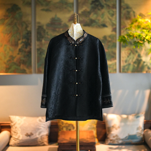 蓝大原创女装 桑蚕丝宋锦外套5351 高级感黑色立领刺绣单排扣大码