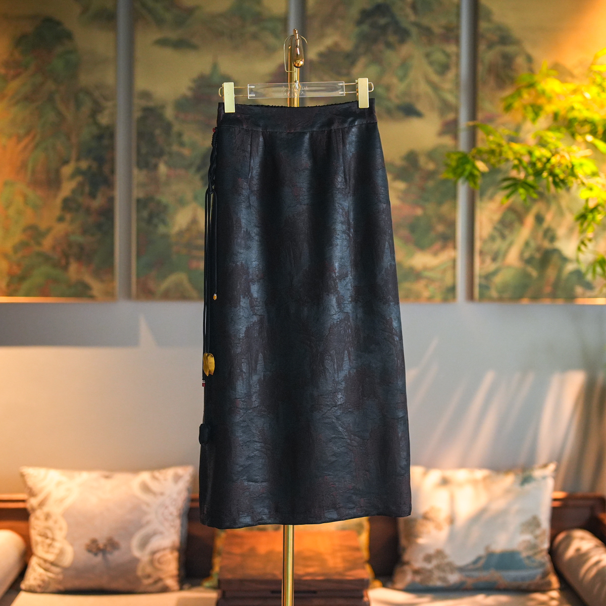 蓝大中长款新中式流苏显瘦半身裙