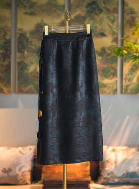 蓝大原创女装高端非遗香云纱流苏松紧腰过膝桑蚕丝显瘦半身裙5383