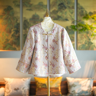 蓝大原创女装 单排扣百搭宽松粉色外套5230 高端桑蚕丝宋锦圆领长袖