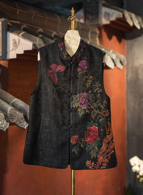 蓝大原创女装精美孔雀刺绣l单排扣立领黑色桑蚕丝宋锦马甲5780