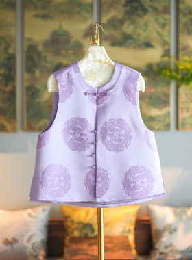 蓝大原创女装中国风凤凰于飞圆领真丝花锦缎紫色宽松百搭马甲5303