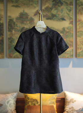 蓝大原创女装高端非遗香云纱立领短袖大码桑蚕丝显瘦百搭上衣7670