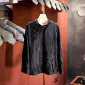 蓝大原创女装 斜襟盘扣立领老料桑蚕丝黑色显瘦上衣5593 复古中式