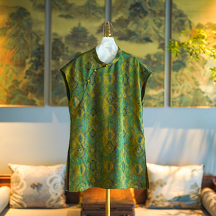 上衣5075 绿色显白高端真丝香云纱立领短袖 蓝大原创女装 新中式