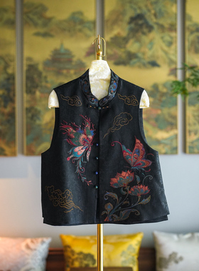 蓝大原创女装超仙蝶恋花重工刺绣黑色立领真丝香云纱国潮马甲5436