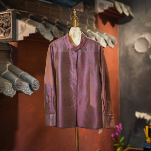 上衣5905 桑蚕丝花萝大码 蓝大原创女装 高端通勤紫色单排扣立领长袖