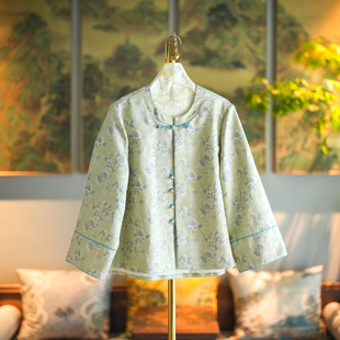 中国风麒麟牡丹圆领单排扣宽松桑蚕丝宋锦外套5322 蓝大原创女装