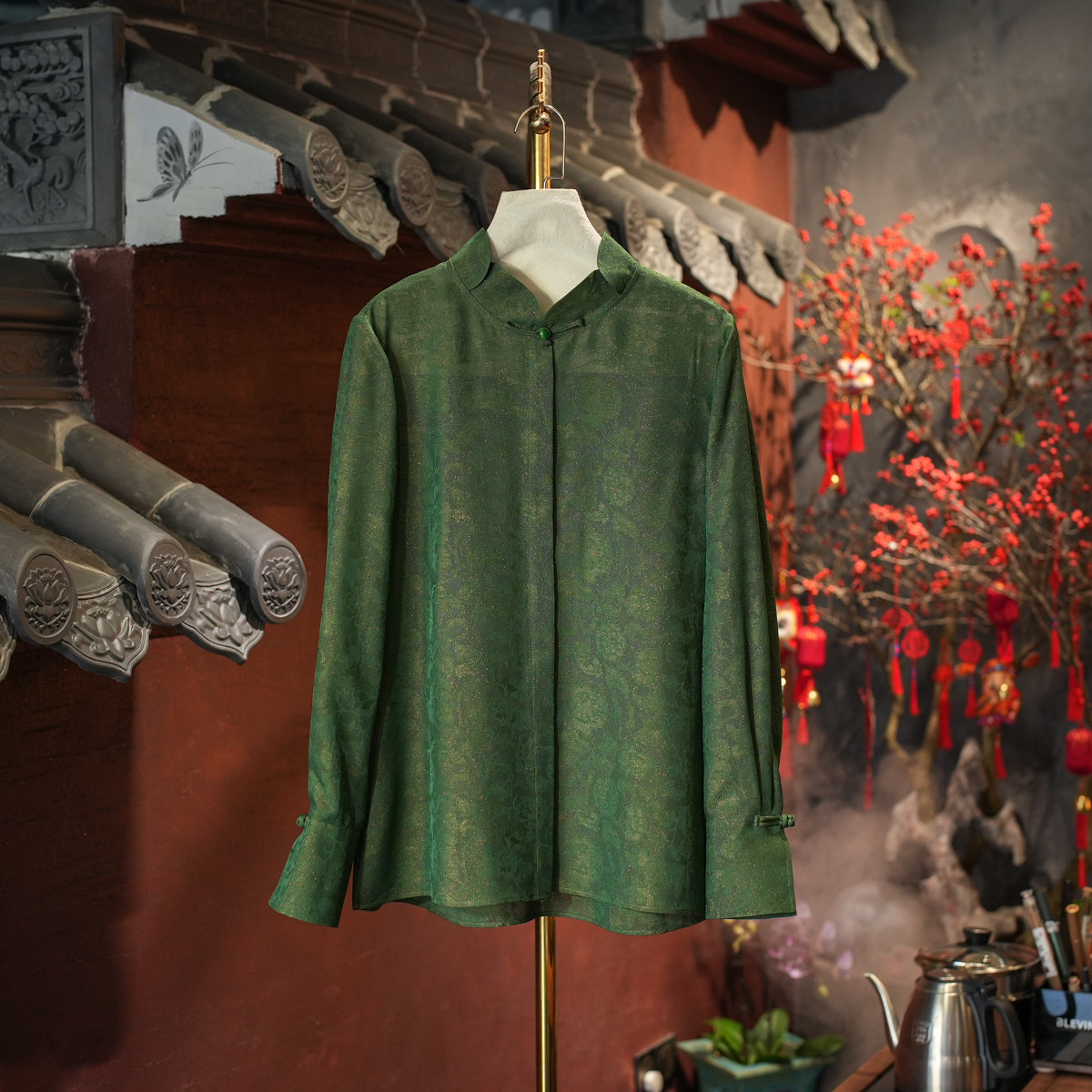 蓝大原创女装日常简约单排扣立领长袖桑蚕丝绿色显白衬衫上衣4086