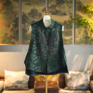 蓝大原创女装 高级感绿色显白孔雀刺绣真丝香云纱国风百搭马甲5534