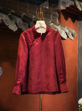 蓝大原创女装回门喜庆红色斜襟盘扣立领真丝香云纱长袖上衣5756