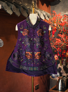 蓝大原创女装新中式重工刺绣立领老缎桑蚕丝宽松紫色不规则4015