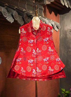 蓝大原创女装中国风喜庆红色立领桑蚕丝宋锦宽松单排扣马夹5711