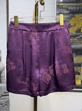 蓝大原创女装日常通勤紫色松紧腰凤穿牡丹桑蚕丝阔腿短裤5107