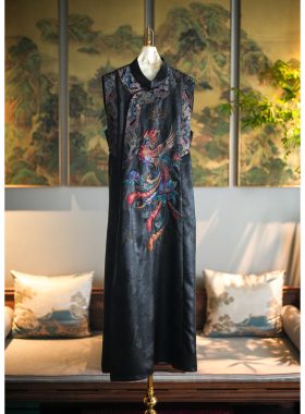 蓝大原创女装高端重工凤凰刺绣真丝香云纱立领无袖长款连衣裙5562