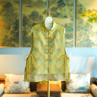 蓝大原创女装 立领单排扣系带百搭真丝宋锦马甲5125 设计不对称大码