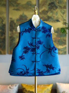 蓝大原创女装高级感蓝色立领无袖单排扣非遗章绒桑蚕丝马甲5435