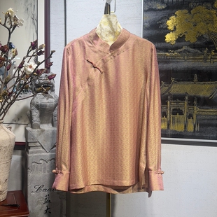 新中式 长袖 上衣7600 复古斜襟盘扣立领真丝织锦缎大码 蓝大原创女装