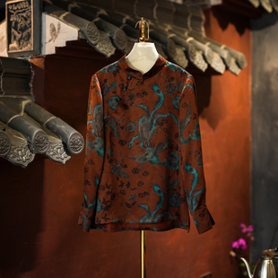 蓝大原创女装新中式凤穿牡丹盘扣立领长袖遮肉重锻花萝上衣5973