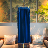 蓝大原创女装 5364 桑蚕丝蓝色显瘦舒适亲肤丝绒松紧腰直筒阔腿裤