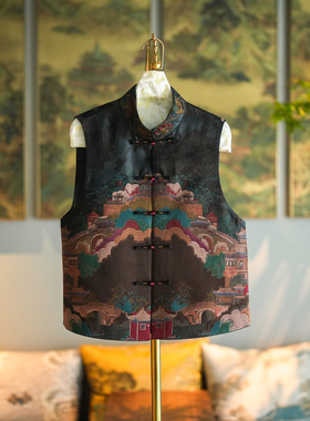 蓝大原创女装国风亭台楼阁刺绣单排扣立领黑色真丝香云纱马甲5260