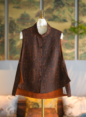 蓝大原创女装新中式立领无袖真丝香云纱大码咖色不规则马甲5222