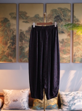 蓝大原创松紧高腰真丝香云纱紫色复古休闲奶奶裤6598