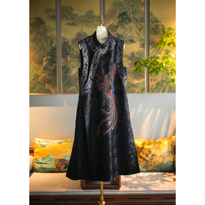 国风桑蚕丝宋锦凤凰刺绣连衣裙