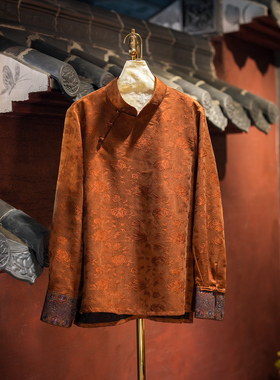 蓝大原创女装国风通勤立领长袖真丝香云纱大码显瘦焦糖色上衣5667
