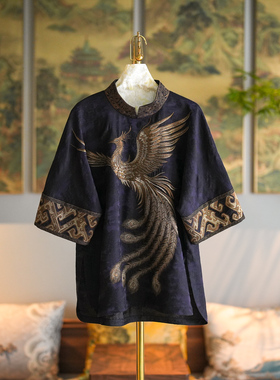 蓝大原创女装高级感贵气凤凰立领真丝香云纱中袖紫色国风上衣5236