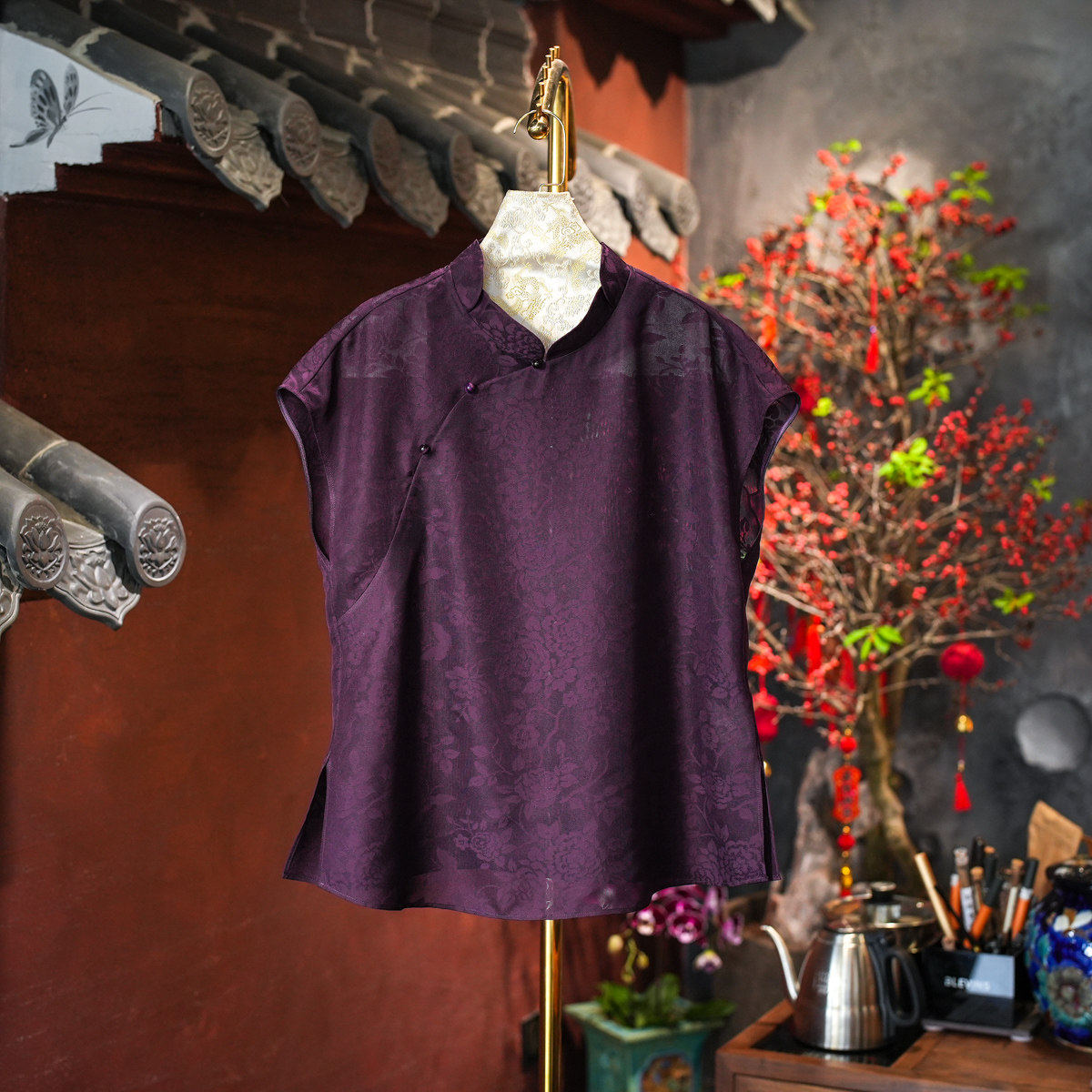 蓝大原创女装端庄中式斜襟盘扣桑蚕丝花萝立领短袖紫色上衣4169