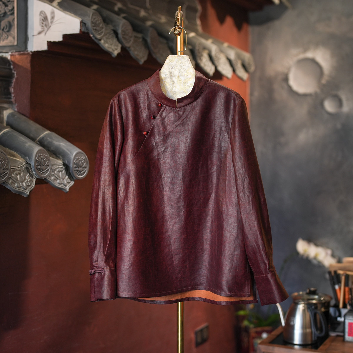 蓝大原创女装高端非遗香云纱立领长袖宽松遮肉桑蚕丝红色上衣5934,女装/女士精品,上衣,淘宝优惠券,粉丝福利购,淘宝优惠卷